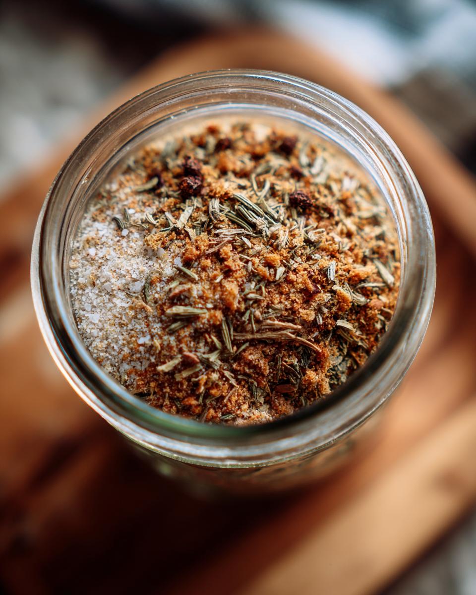 A close-up overhead view of a glass jar filled with Homemade Dry Au Jus Seasoning Mix, showing herbs and spices.