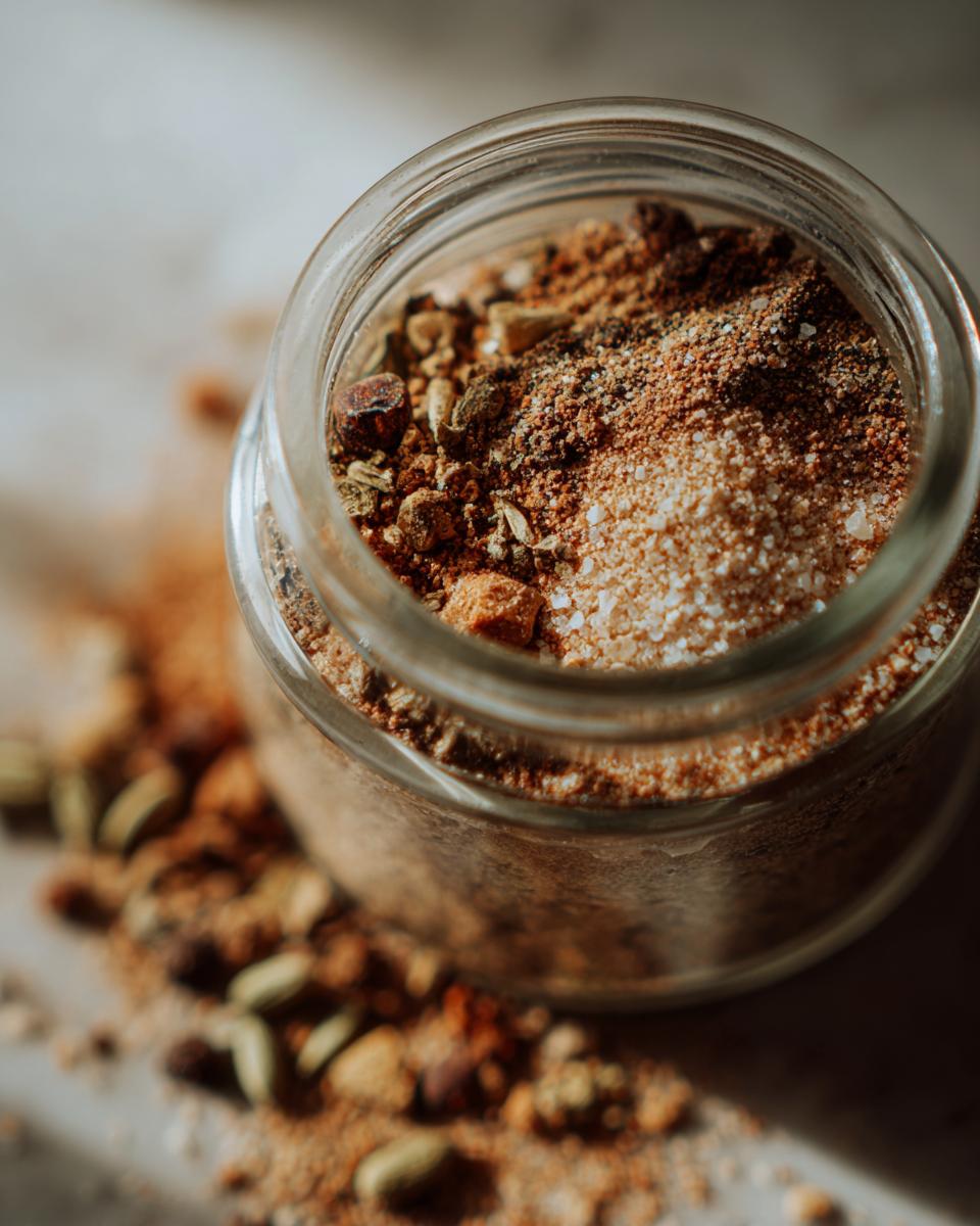 Close-up of a glass jar filled with Homemade Dry Au Jus Seasoning Mix, with some of the mix spilled around the base.