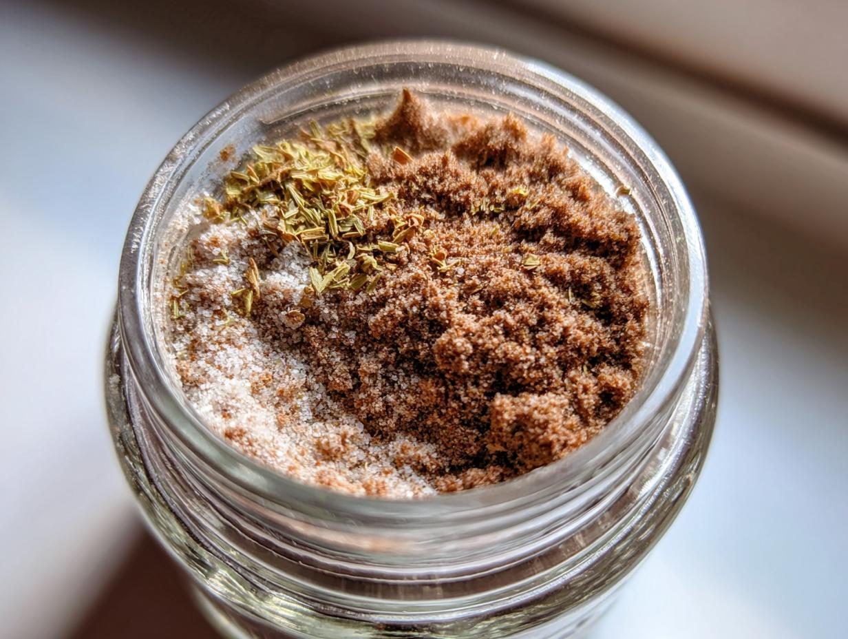 Close-up of a glass jar filled with homemade dry au jus seasoning mix, showing layers of brown powder and dried herbs.