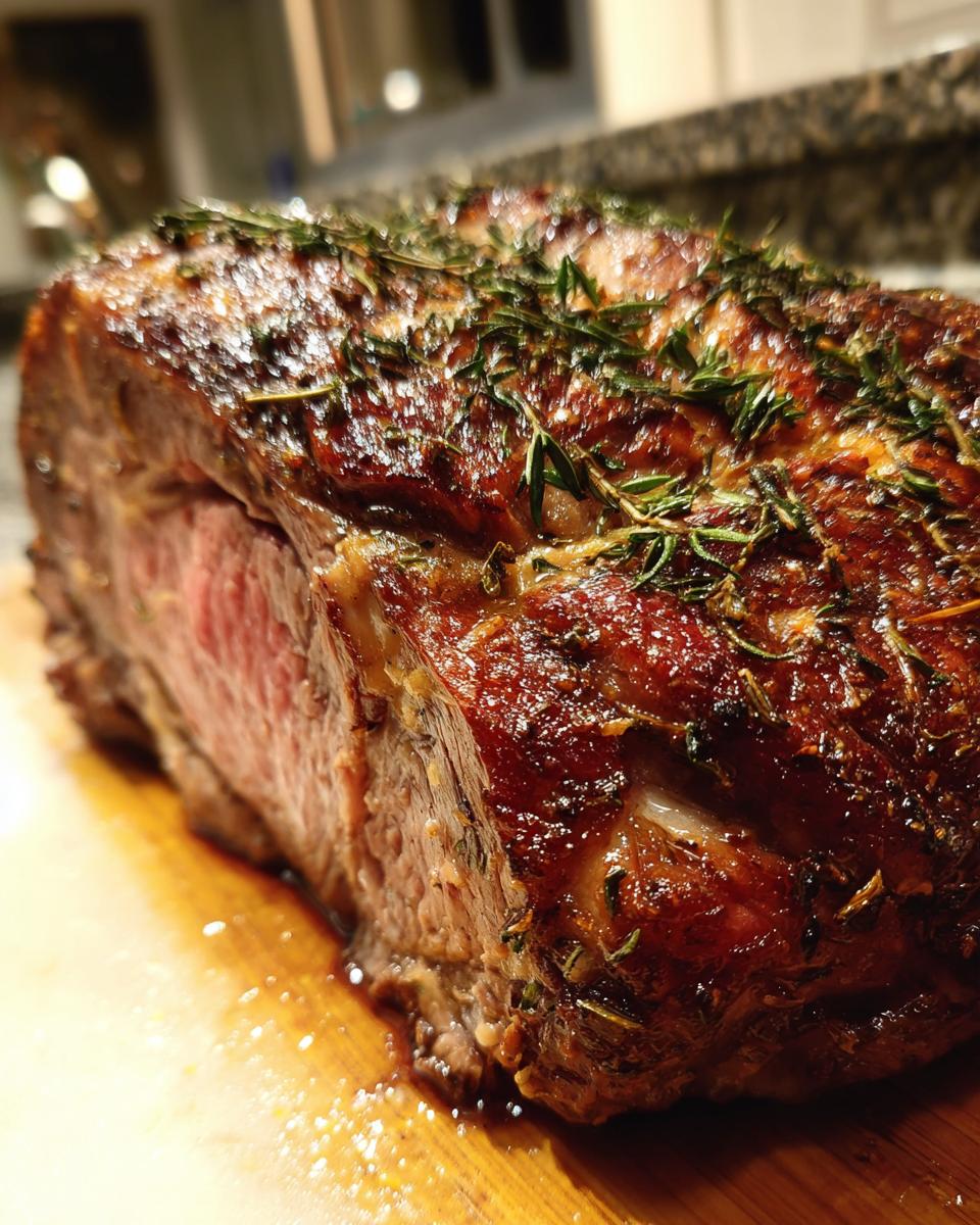 A beautifully roasted prime rib with a rich brown crust, seasoned with fresh herbs, resting on a wooden cutting board.