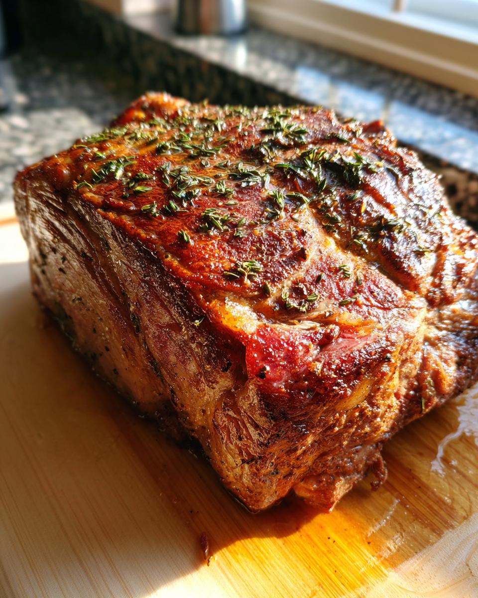 A beautifully roasted prime rib with a golden-brown crust, seasoned with fresh herbs, resting on a wooden cutting board.