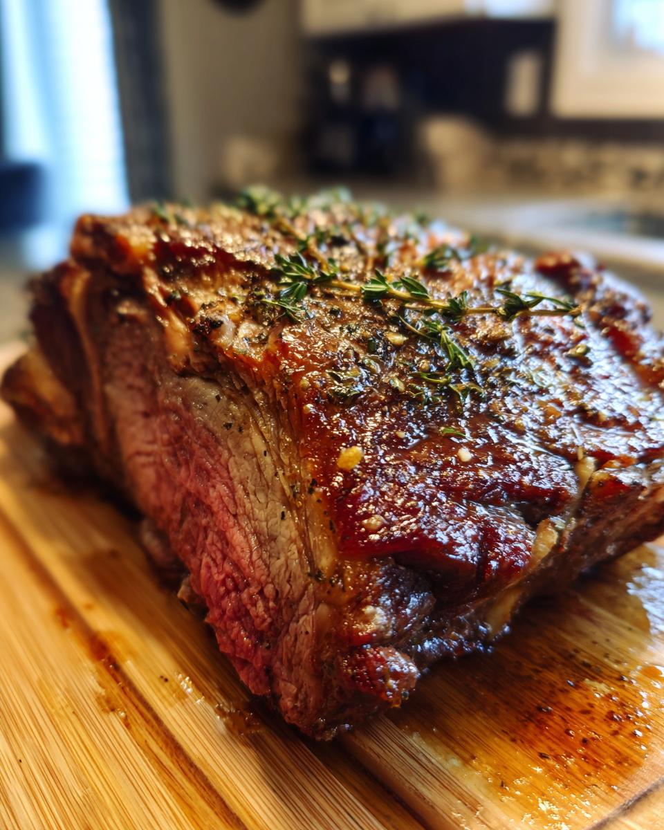 A perfectly roasted prime rib with a golden-brown crust, seasoned with herbs, resting on a wooden cutting board.