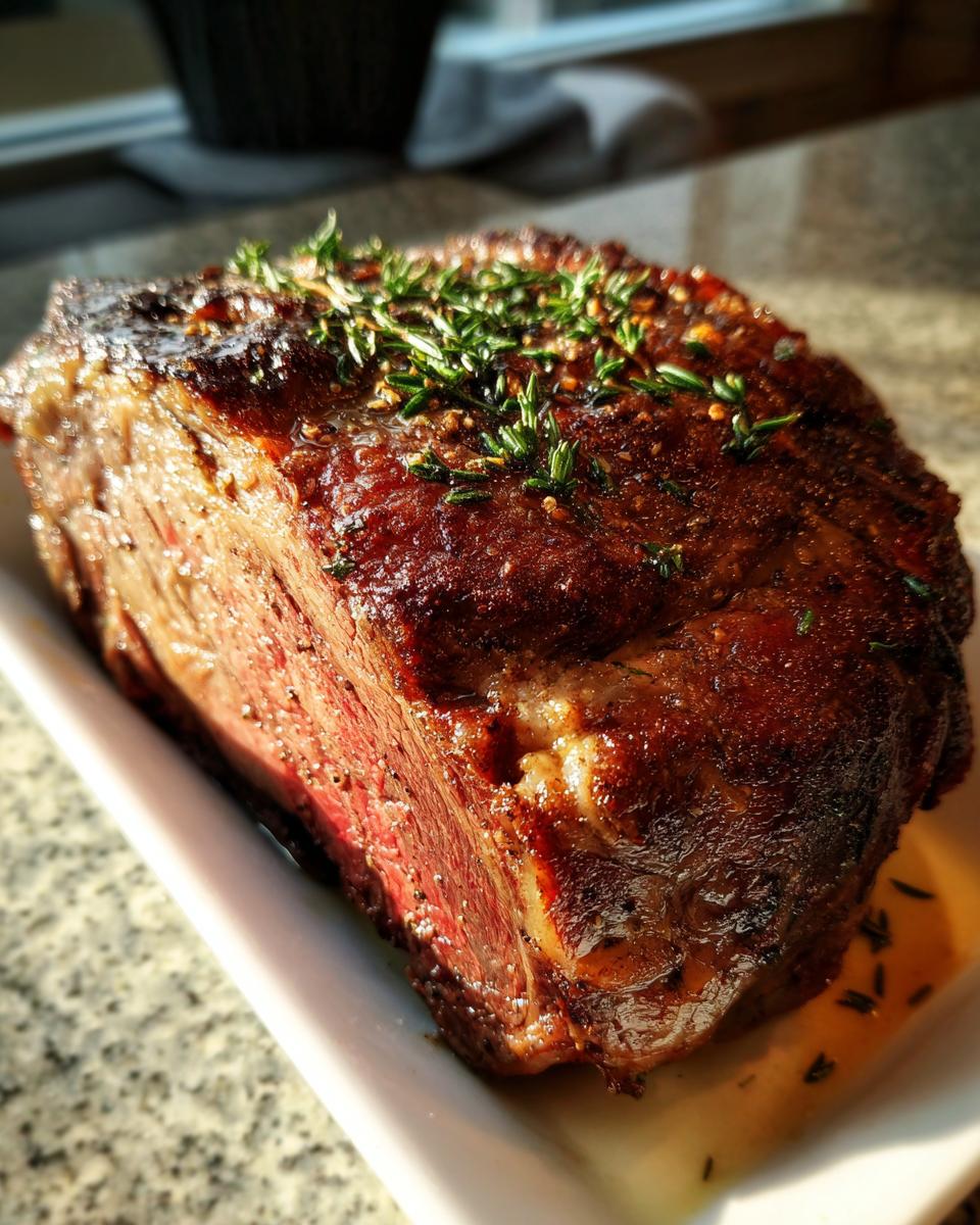 A beautifully roasted prime rib with a dark, seasoned crust and fresh herbs on top, ready to be sliced.