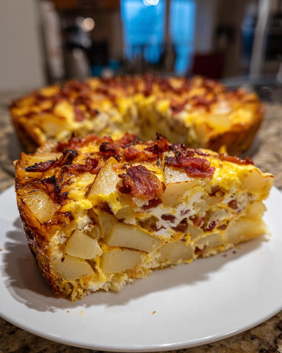 A slice of Loaded Breakfast Casserole with Bacon and Potatoes on a white plate, showcasing layers of potatoes, eggs, and crispy bacon.