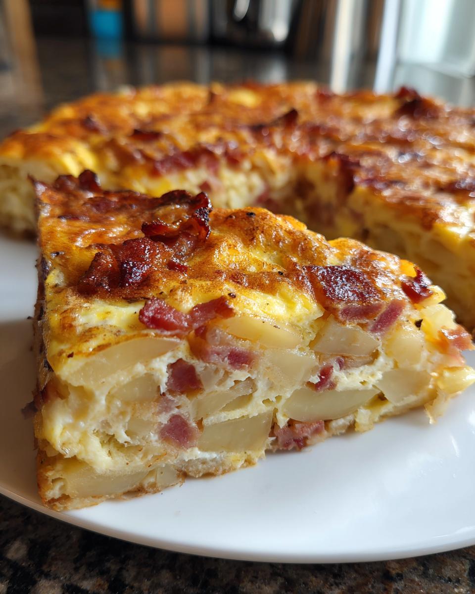A slice of Loaded Breakfast Casserole with Bacon and Potatoes on a white plate, showing layers of potatoes, bacon, and egg.