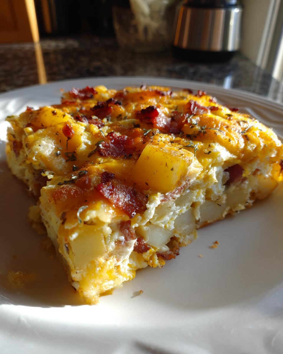 A hearty slice of Loaded Breakfast Casserole with Bacon and Potatoes on a white plate, showcasing layers of eggs, cheese, potatoes, and bacon.