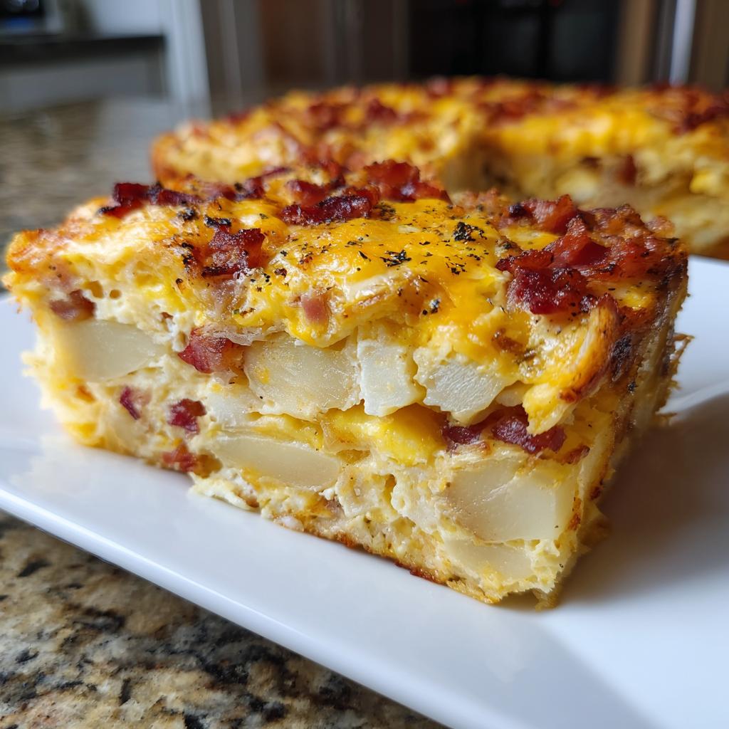 A hearty slice of Loaded Breakfast Casserole with Bacon and Potatoes, featuring layers of potatoes, eggs, and cheese topped with crispy bacon.