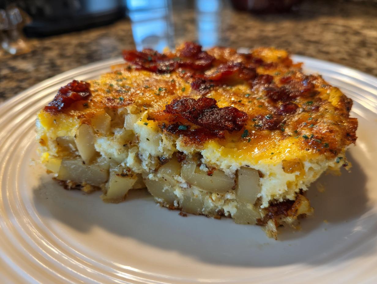 A slice of Loaded Breakfast Casserole with Bacon and Potatoes on a white plate, showing layers of eggs, potatoes, and bacon.