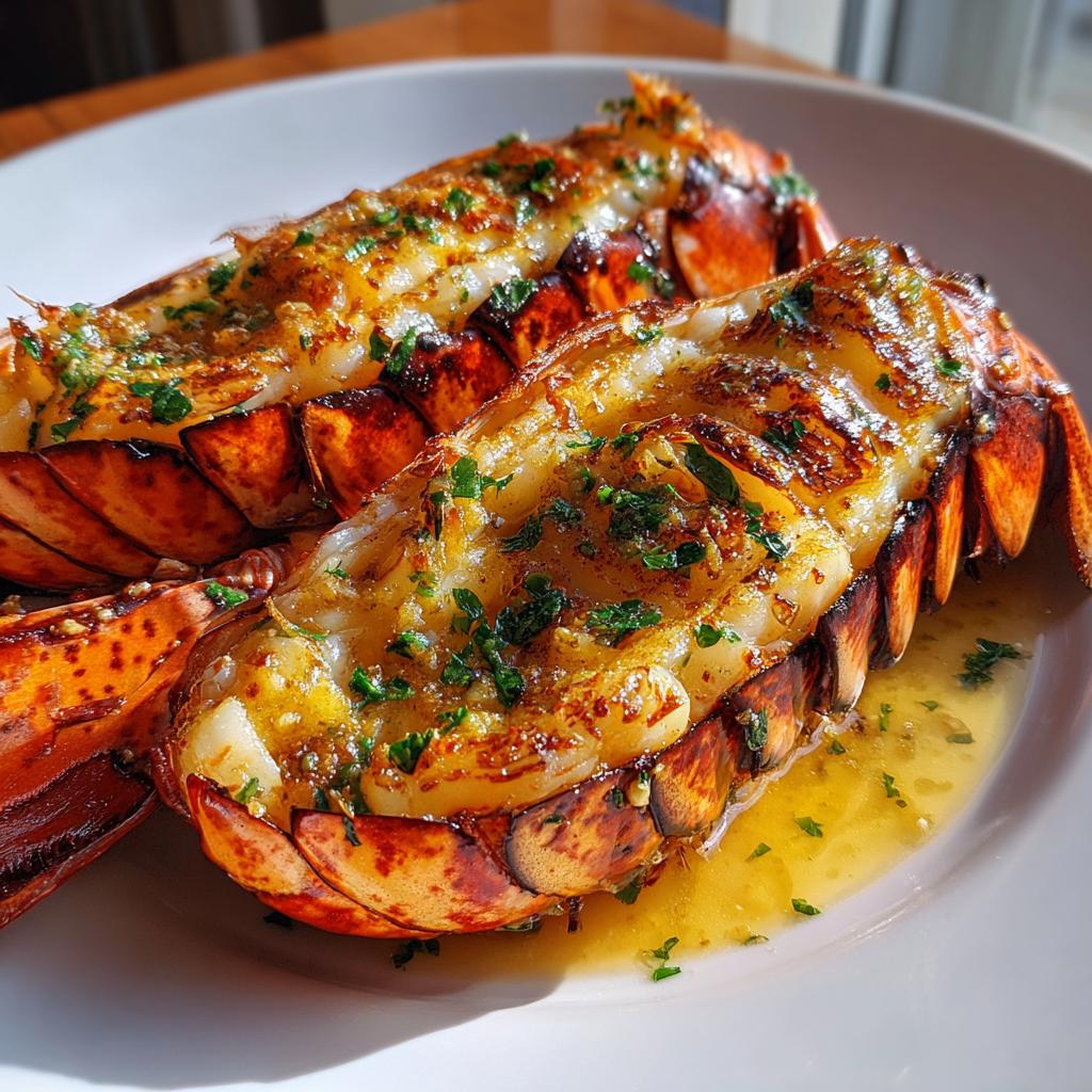 Two perfectly cooked lobster tails with garlic lemon butter sauce and chopped parsley, ready to be served.