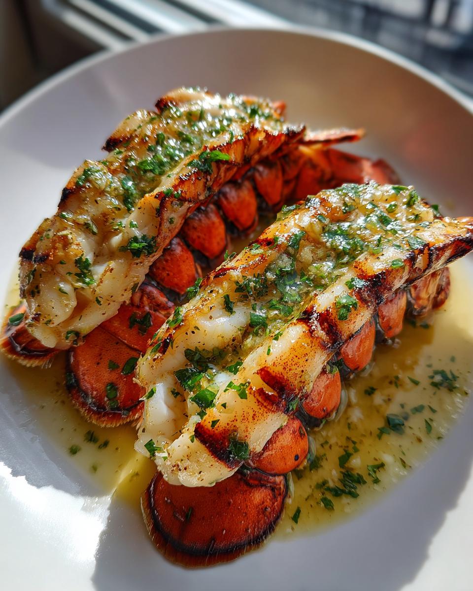 Close-up of two grilled Lobster Tails with Garlic Lemon Butter, topped with fresh parsley.