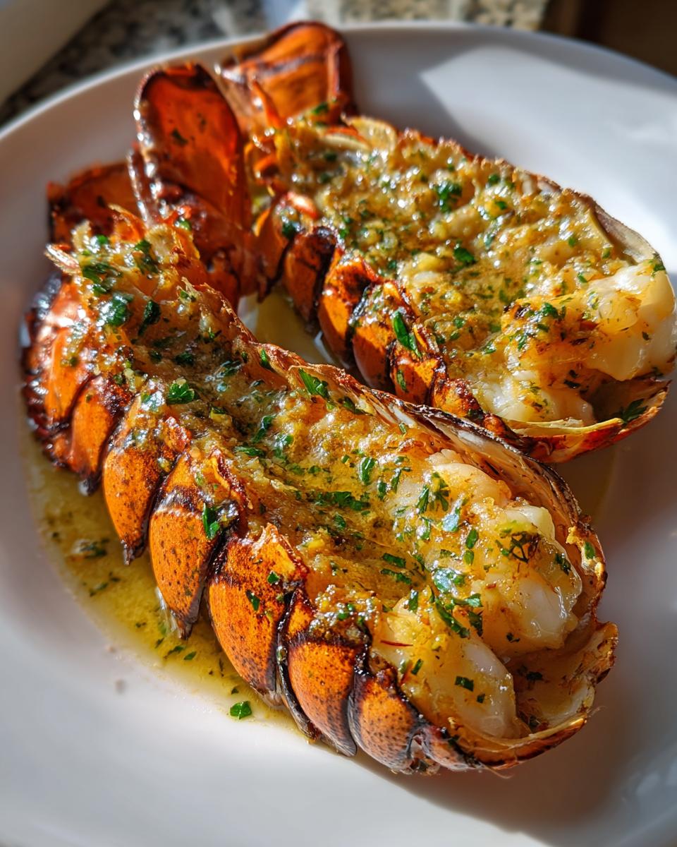 Two succulent lobster tails baked with garlic lemon butter and fresh parsley, served on a white plate.