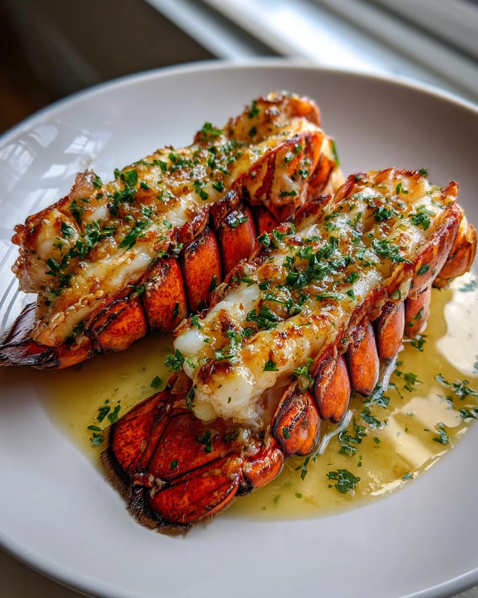 Two succulent Lobster Tails with Garlic Lemon Butter, topped with fresh parsley, served on a white plate.