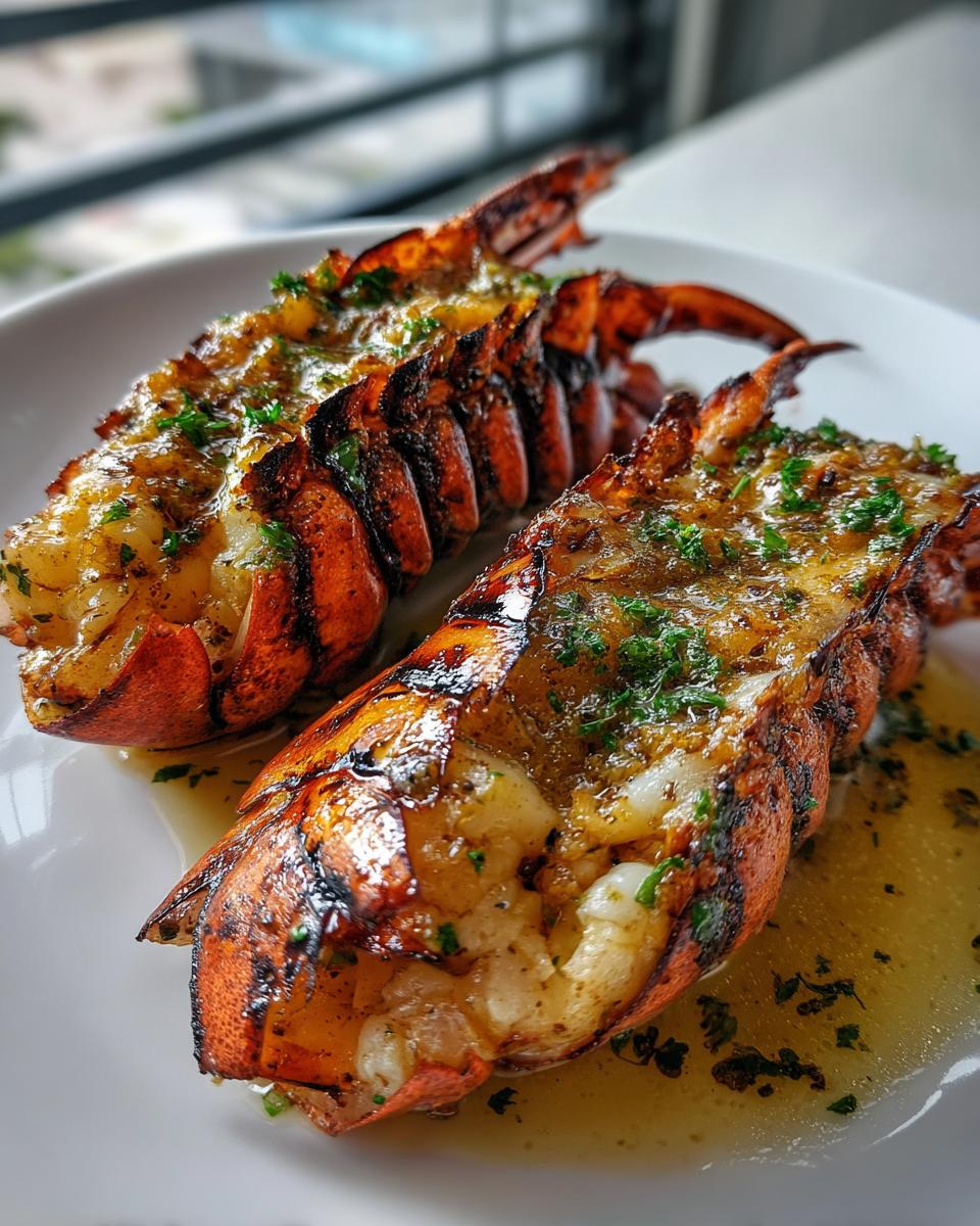 Two grilled lobster tails glistening with garlic lemon butter sauce and sprinkled with parsley.