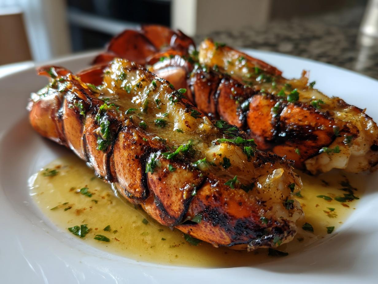 Close-up of succulent Lobster Tails with Garlic Lemon Butter, glistening and topped with fresh parsley.