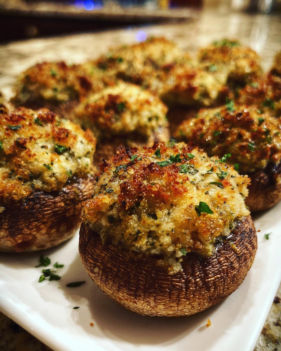 Close-up of golden-brown, make ahead stuffed mushrooms topped with breadcrumbs and parsley.