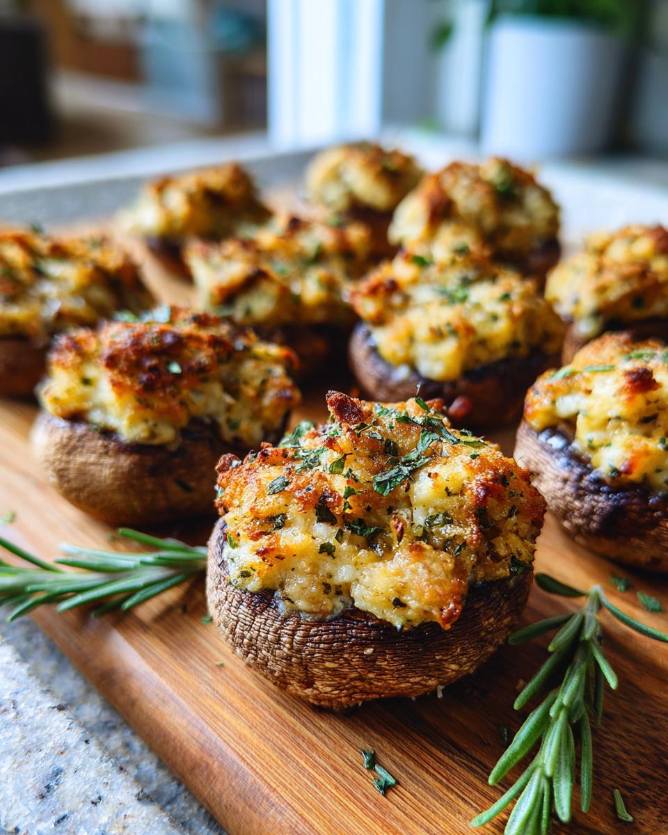 A close-up of golden brown, baked Stuffed Mushrooms (Make Ahead) topped with fresh herbs on a wooden board.