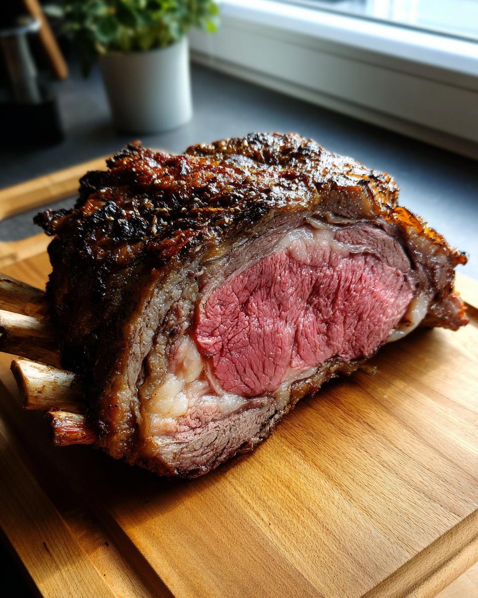 A beautifully roasted prime rib roast with a rich, pink medium-rare center, resting on a wooden cutting board.
