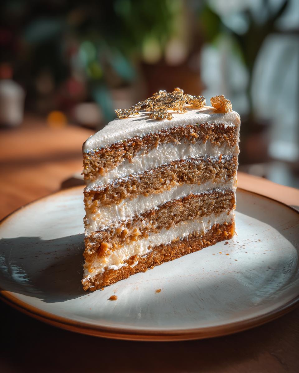 A slice of a multi-layered New Year's Eve cake, frosted with white icing and topped with delicate gold leaf.