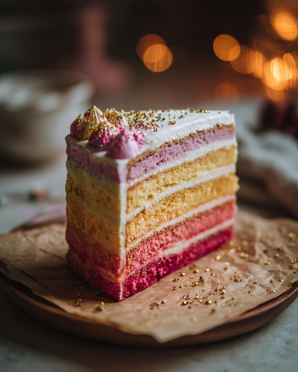 A slice of a colorful ombre New Year's Eve cake with layers of pink, yellow, and white frosting, topped with sprinkles.