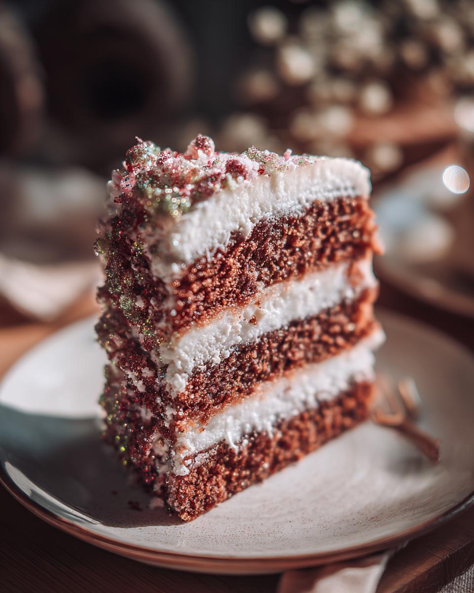 A decadent slice of chocolate cake with white frosting and edible glitter, perfect for New Year's Eve.