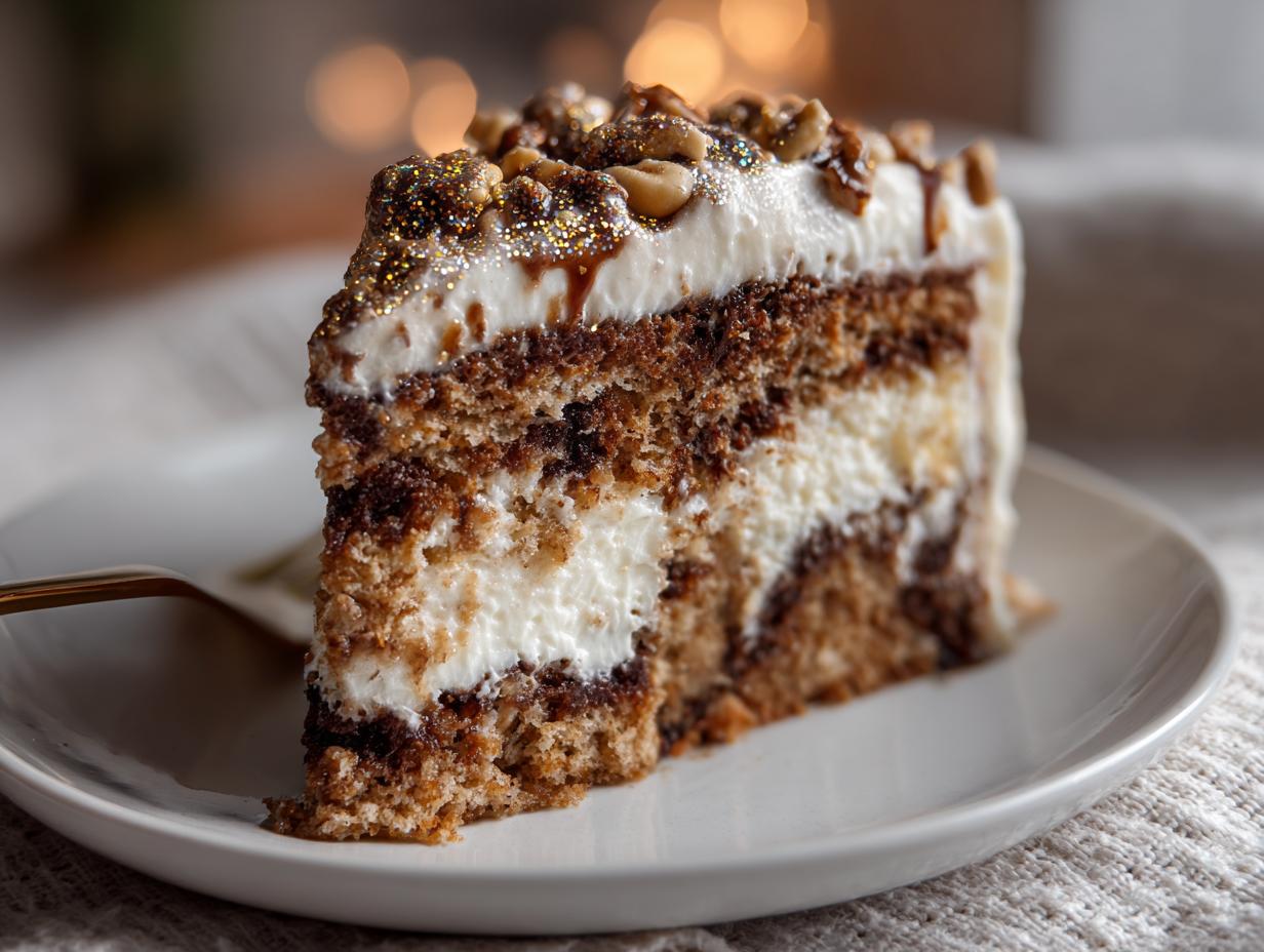 A decadent slice of a layered New Year's Eve cake, topped with white frosting, nuts, and edible glitter.