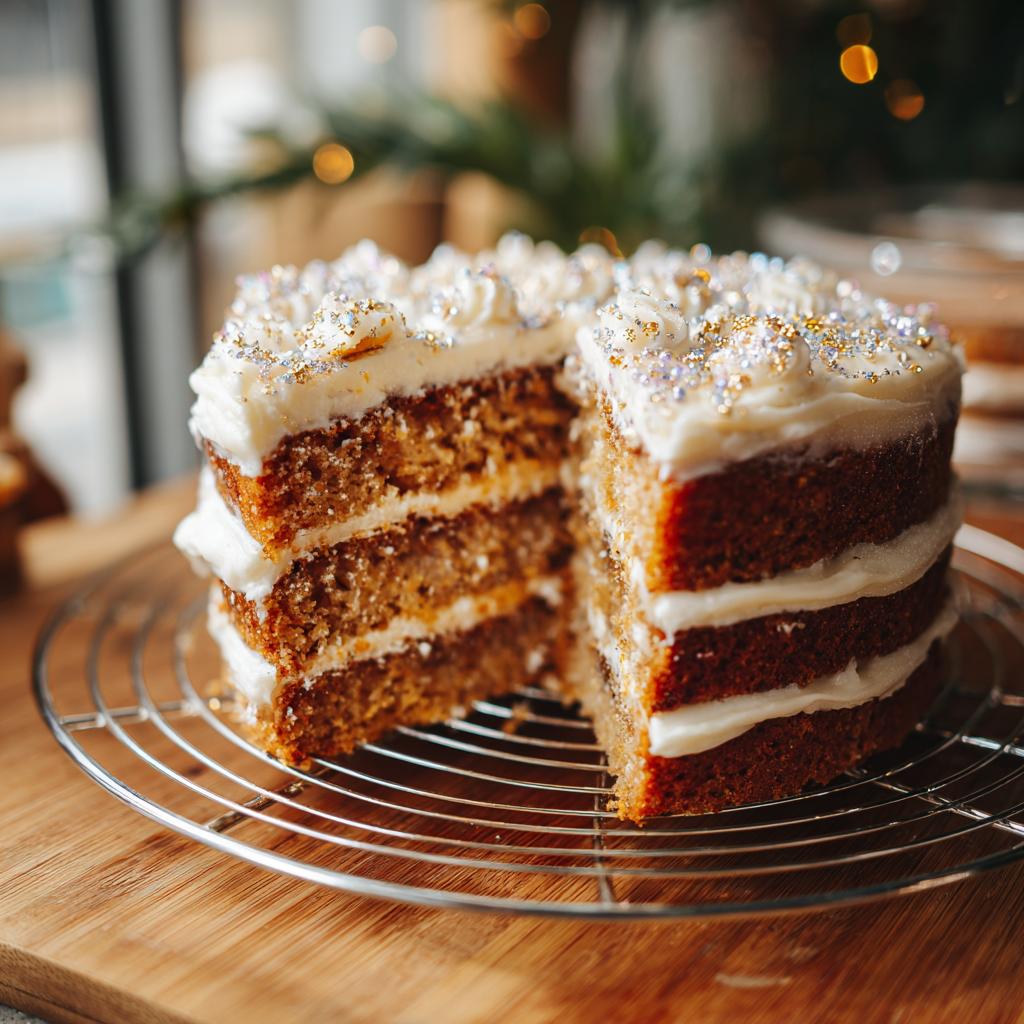 A multi-layered New Year's Eve cake with white frosting and edible glitter, a slice removed to show the interior.