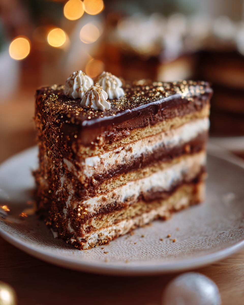 A slice of a layered chocolate cake, decorated with gold glitter and white frosting swirls, perfect for New Year's Eve.
