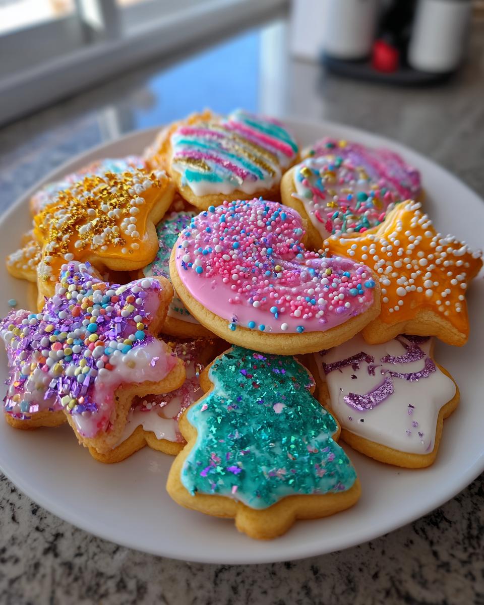A festive plate piled high with 12 New Year's Eve cookies, decorated with colorful icing and sparkling sprinkles.