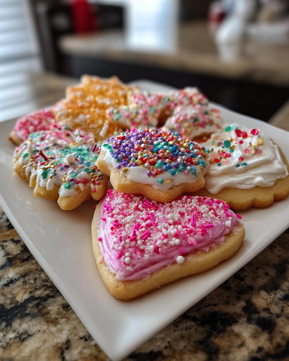 A plate of assorted New Year's Eve cookies, decorated with colorful frosting and sprinkles.