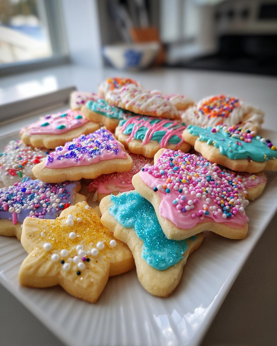 A festive platter of 12 New Year's Eve cookies, decorated with colorful frosting and sprinkles.