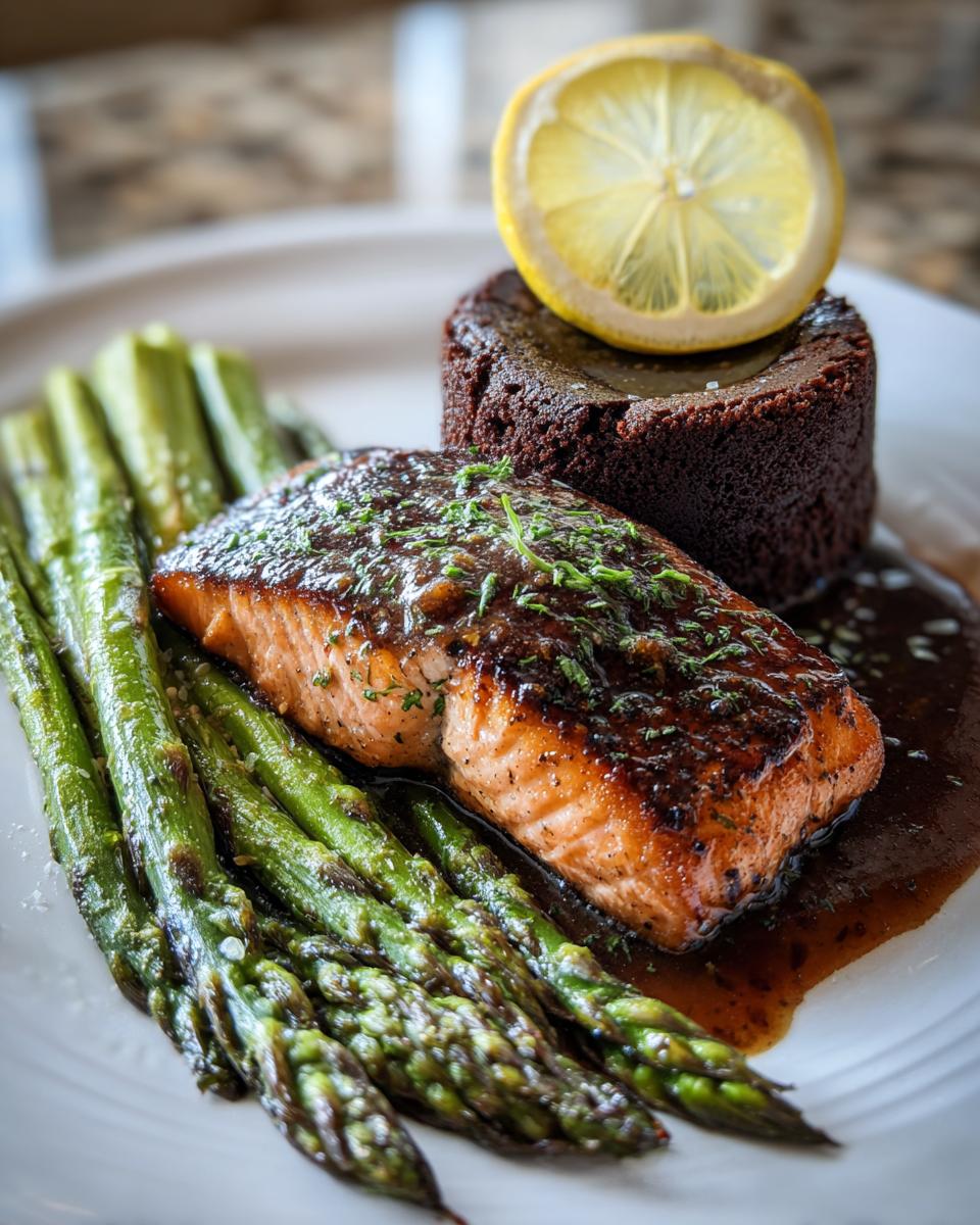A beautifully plated salmon fillet with asparagus and a chocolate lava cake, perfect for a New Year’s Eve Dinner Menu.