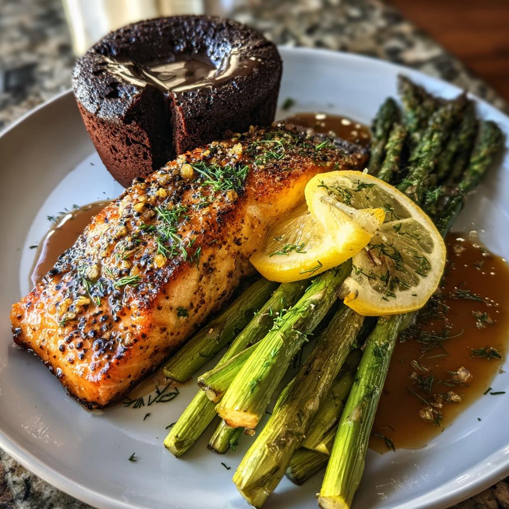 A beautifully plated salmon fillet with asparagus and a chocolate lava cake, perfect for a New Year's Eve Dinner Menu.