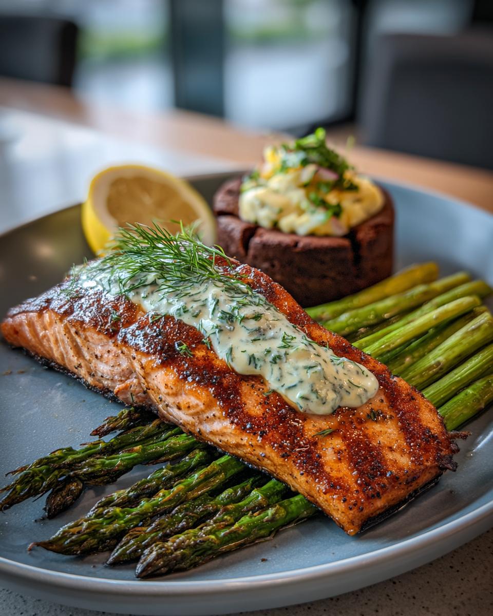 A perfectly cooked salmon fillet with dill sauce, served with asparagus and a side of potato cake for an elegant New Year's Eve Dinner Menu.