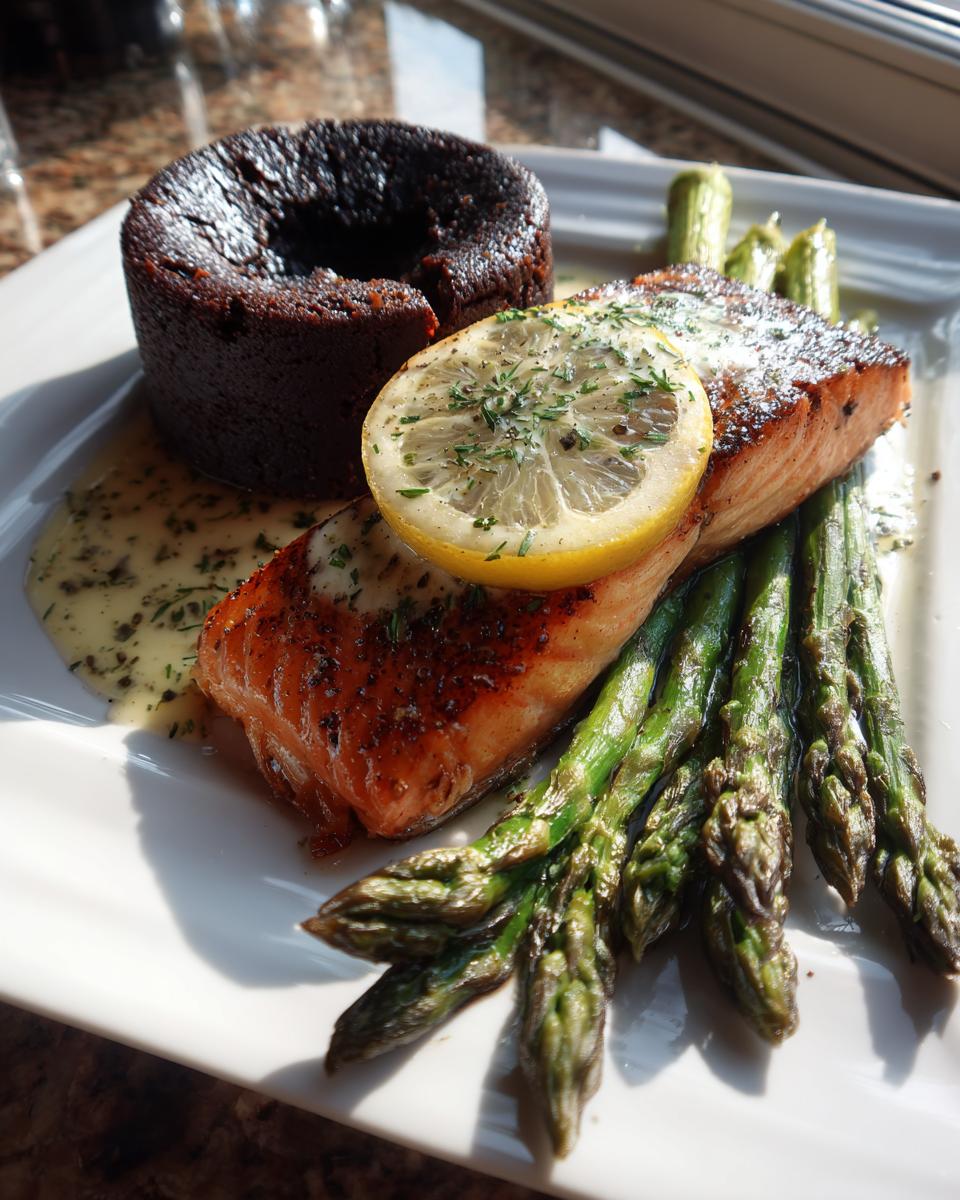 A New Year's Eve Dinner Menu featuring a perfectly cooked salmon fillet with lemon, asparagus, and a decadent chocolate lava cake.