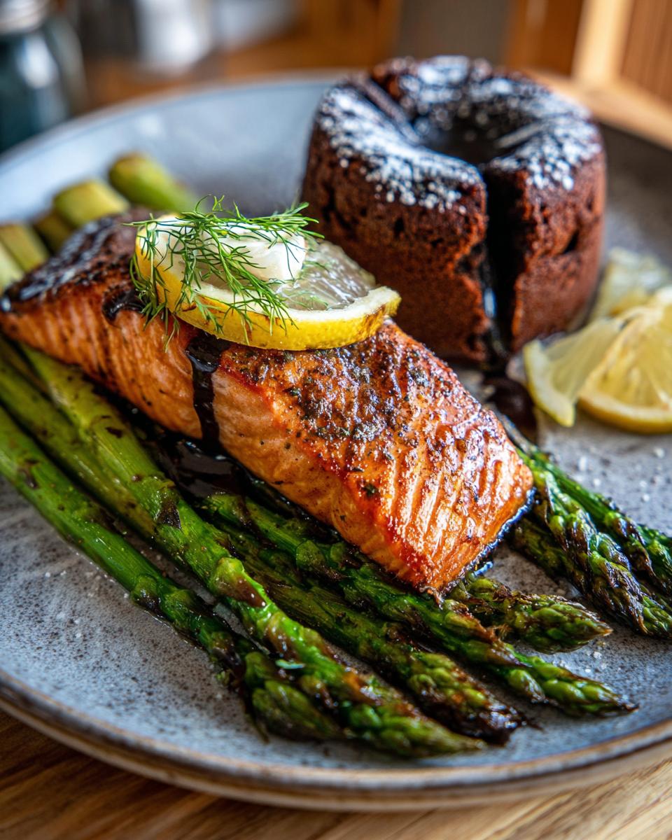A beautifully plated dish of pan-seared salmon with roasted asparagus, lemon, and dill, perfect for a New Year's Eve Dinner Menu.