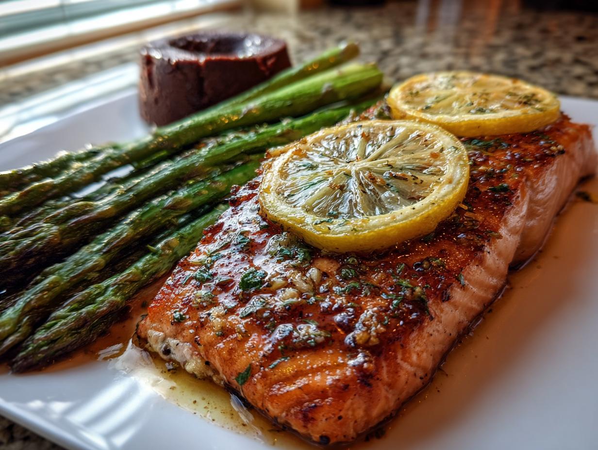 A beautifully plated salmon fillet with lemon slices and roasted asparagus, perfect for an elegant New Year's Eve Dinner Menu.