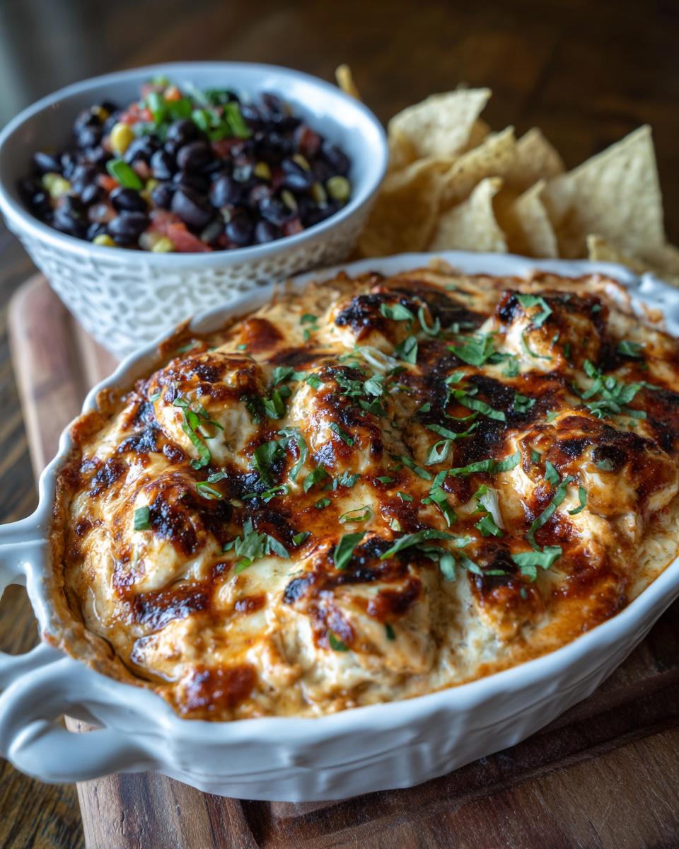 A bubbling, cheesy baked dip with tortilla chips and a side of black bean salsa, perfect for NYE snacks.