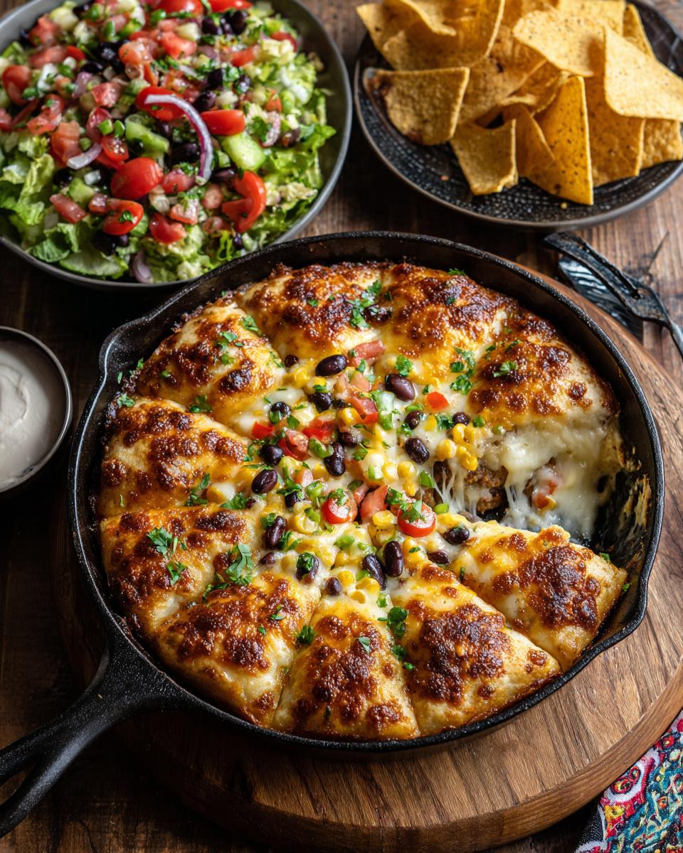 A bubbling, cheesy Mexican dip in a cast iron skillet, topped with black beans, corn, and jalapeños, perfect for NYE snacks.