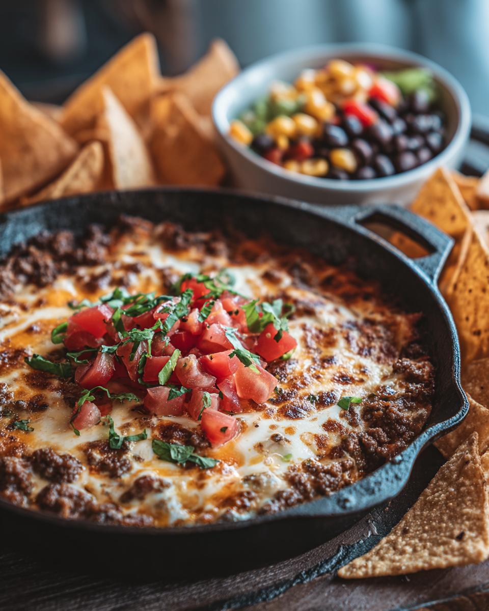 A bubbling skillet of cheesy taco dip topped with fresh tomatoes and cilantro, surrounded by tortilla chips, perfect for NYE snacks.