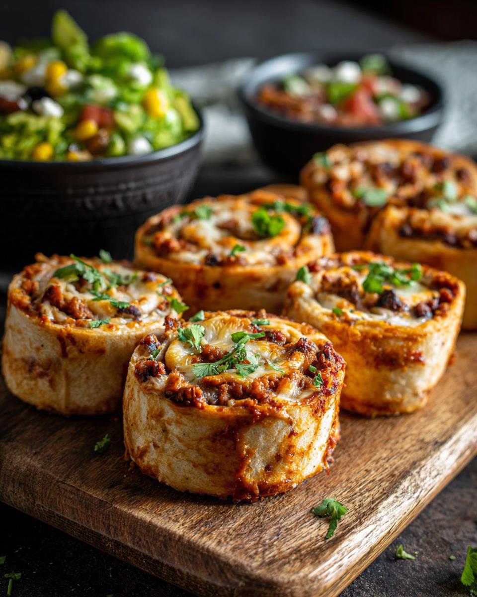 Close-up of savory tortilla roll-ups filled with seasoned meat and cheese, garnished with parsley, perfect for NYE snacks.