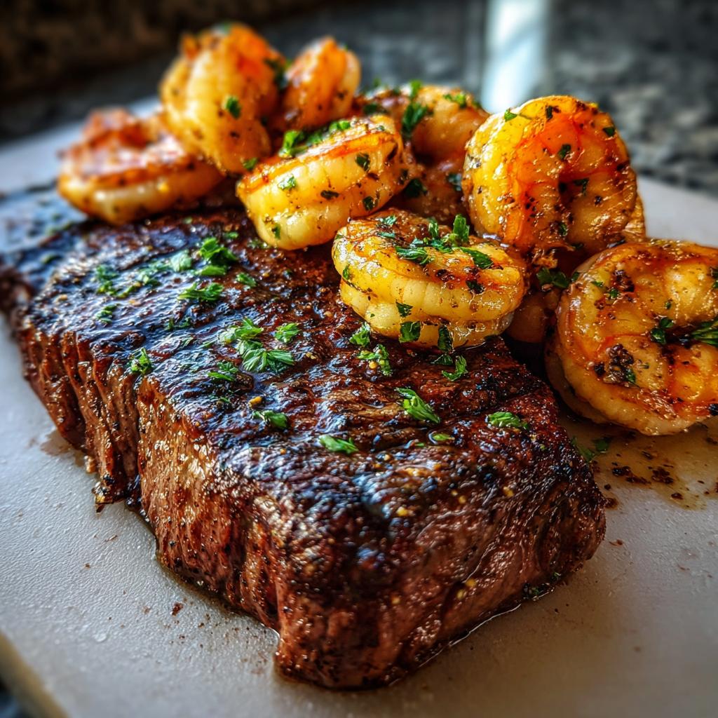 A perfectly cooked NYE Surf and Turf featuring a juicy steak topped with seasoned shrimp and fresh parsley.