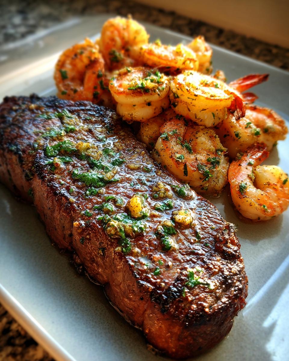A beautifully plated NYE Surf and Turf featuring a juicy steak and seasoned shrimp.