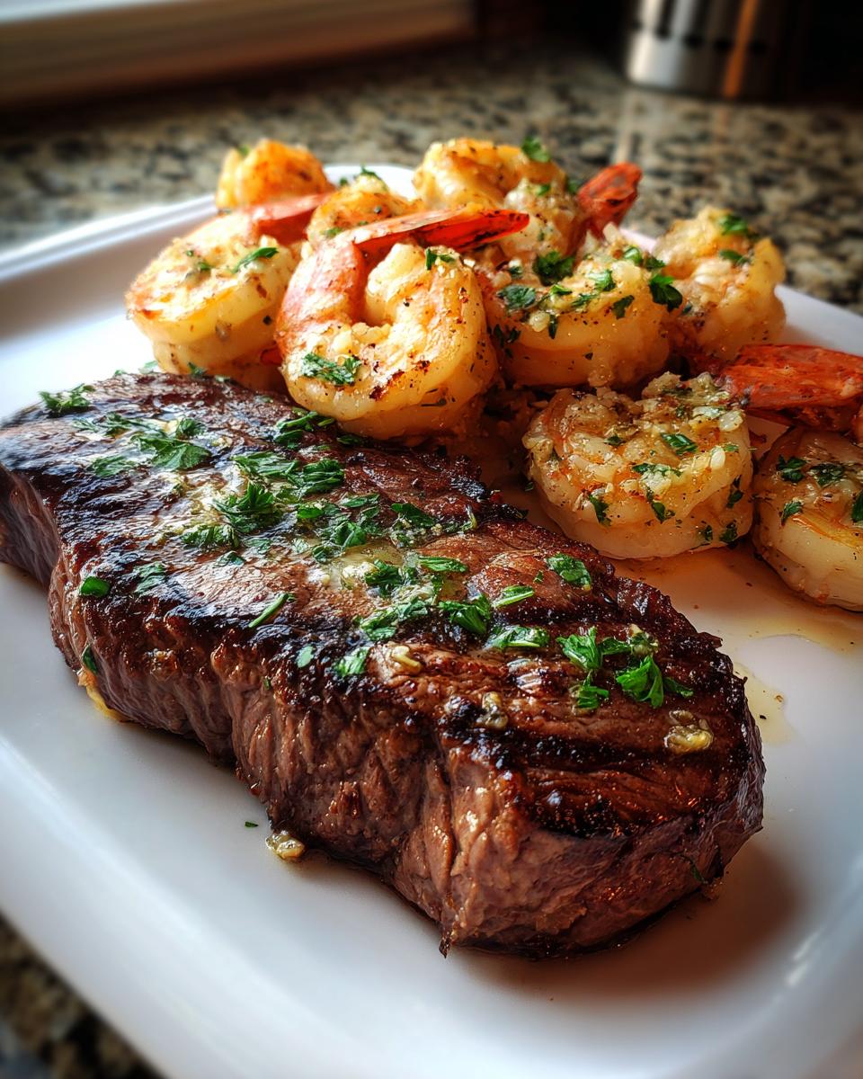 A beautifully plated NYE Surf and Turf featuring a grilled steak and garlic butter shrimp.