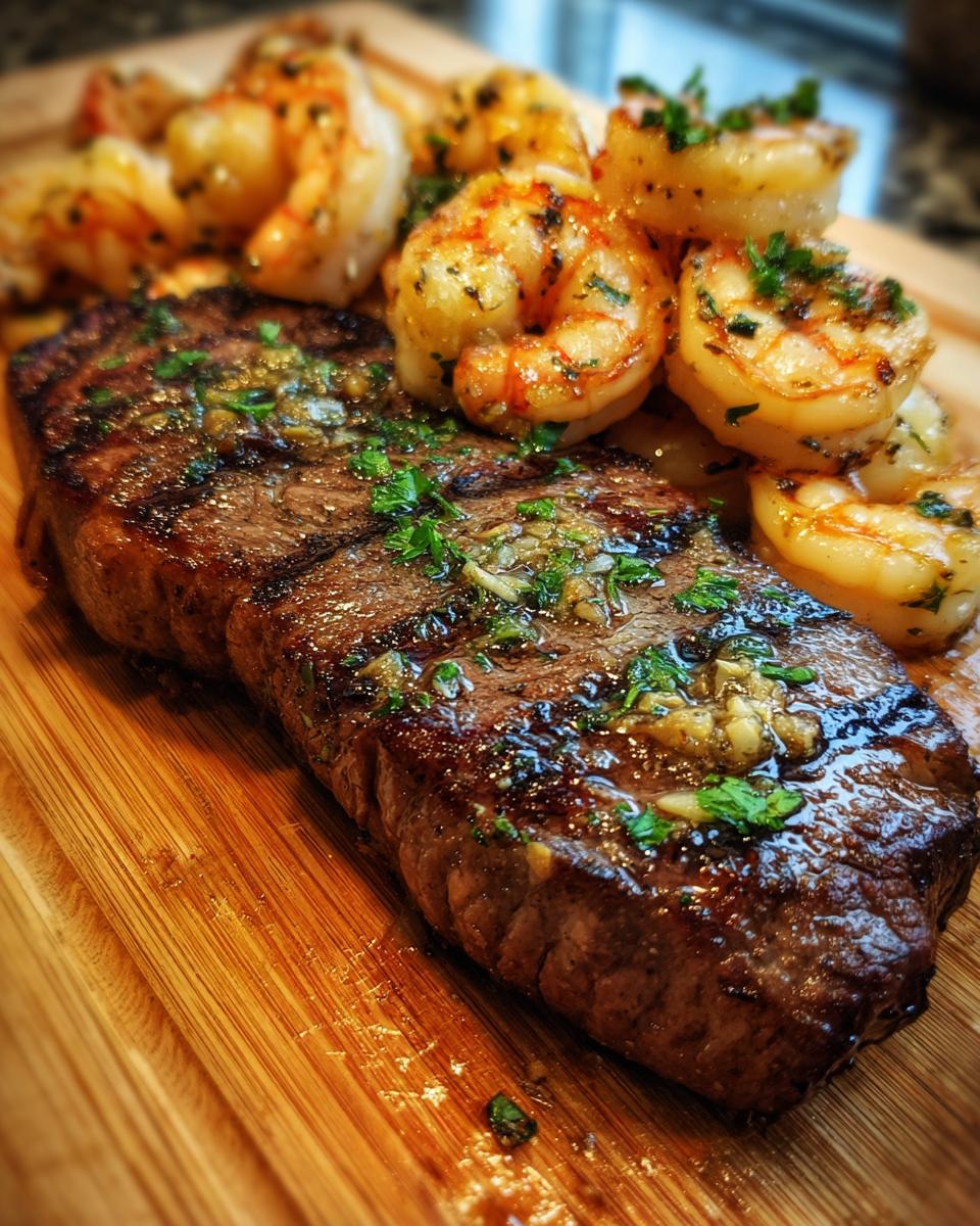 Close-up of NYE Surf and Turf featuring a grilled steak and succulent shrimp, garnished with herbs.