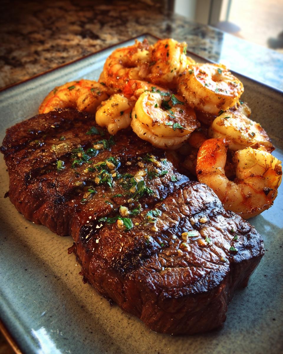 Close-up of a grilled steak and seasoned shrimp, a perfect NYE Surf and Turf dish.