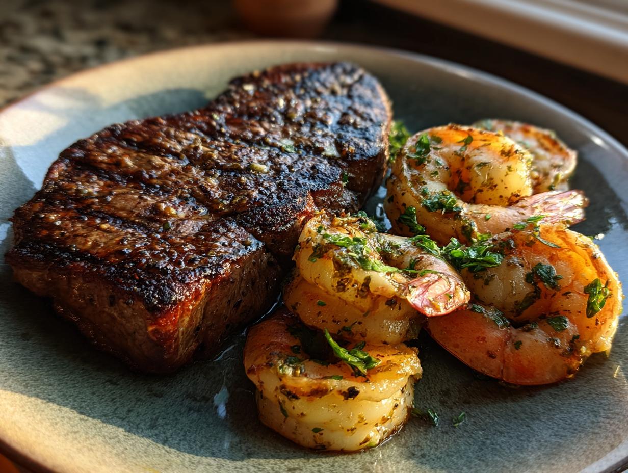 A delicious plate of NYE Surf and Turf featuring a grilled steak and seasoned shrimp with parsley.
