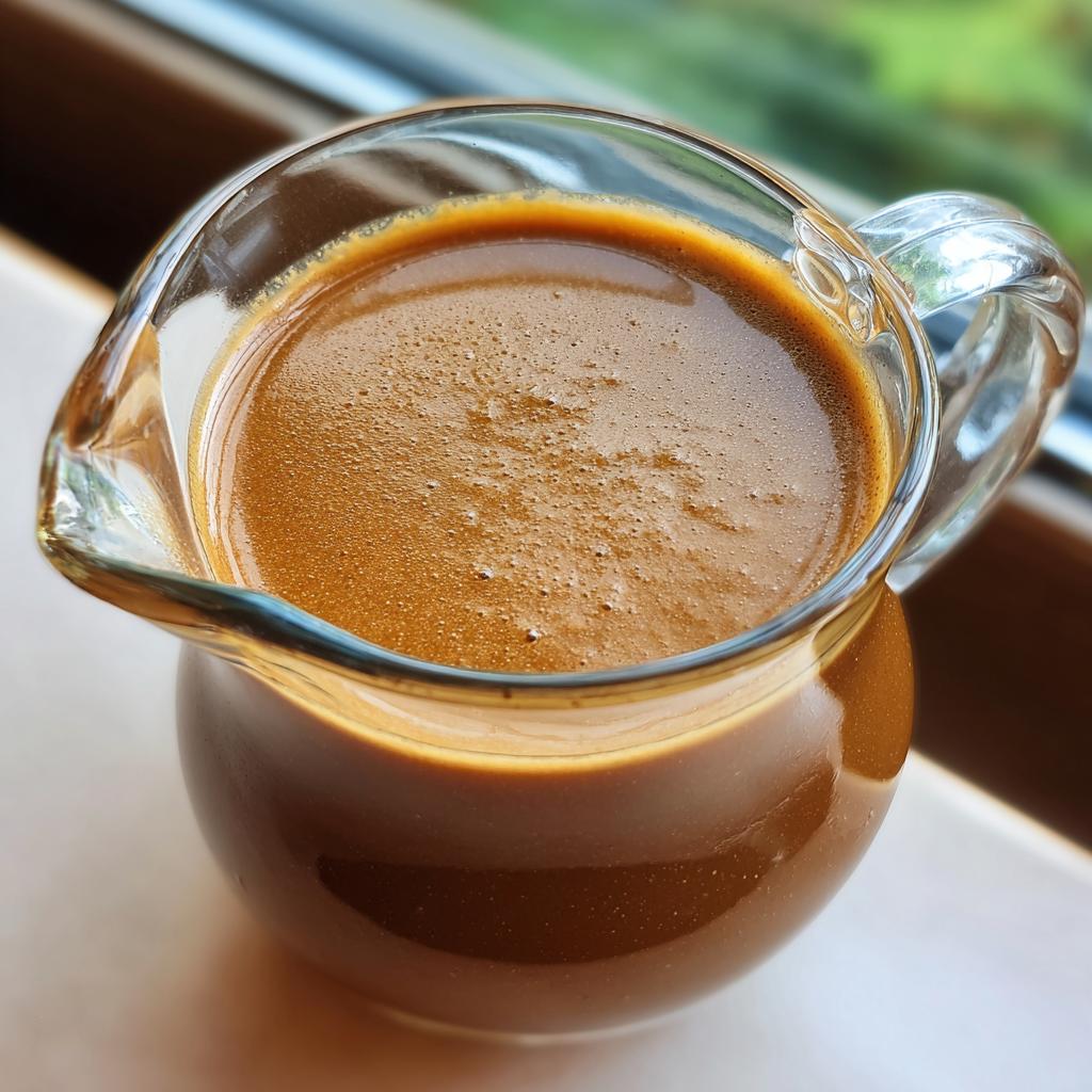 A close-up shot of a perfectly rich and flavorful au jus recipe in a glass gravy boat.