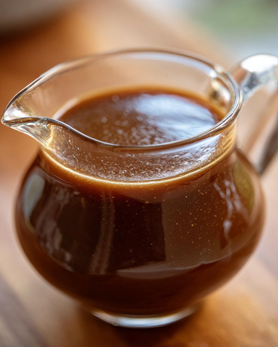 A close-up of a glass gravy boat filled with rich, dark au jus, showcasing its glossy texture.