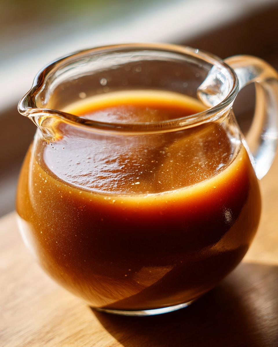 A glass gravy boat filled with rich, brown au jus, showcasing the perfect au jus recipe.
