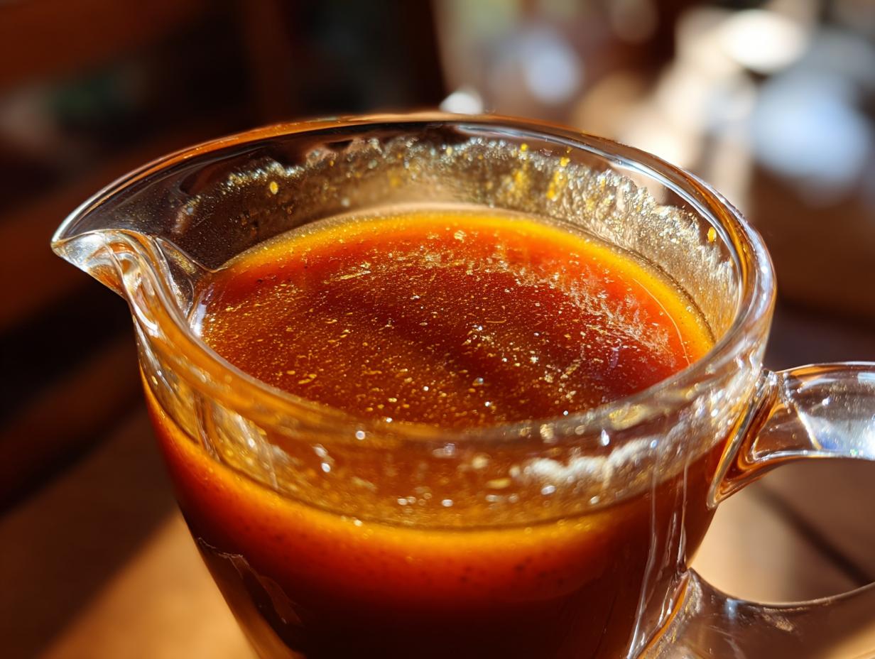 Close-up of a rich, dark au jus in a glass gravy boat, ready for serving.